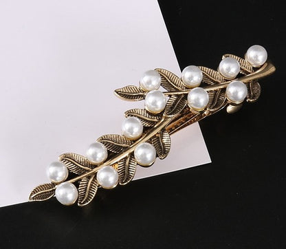 Black gold metallic leaves hair barrette with white pearls