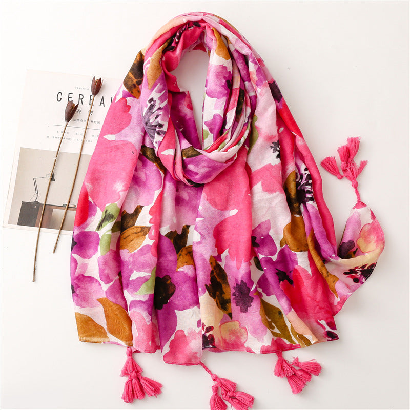 Wet paint large flowers printed scarf with tassels