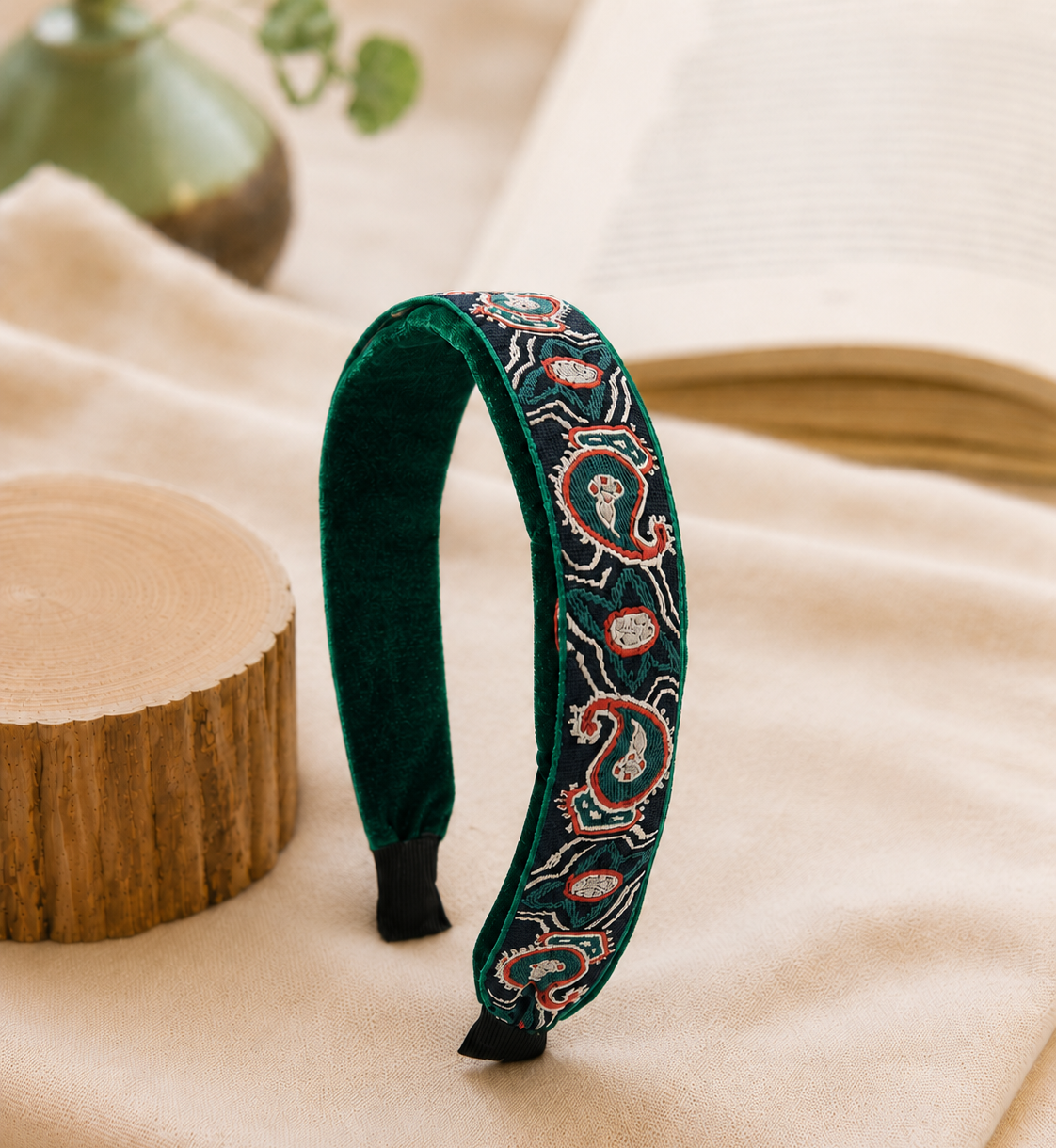 Embroidered paisley velvet headband