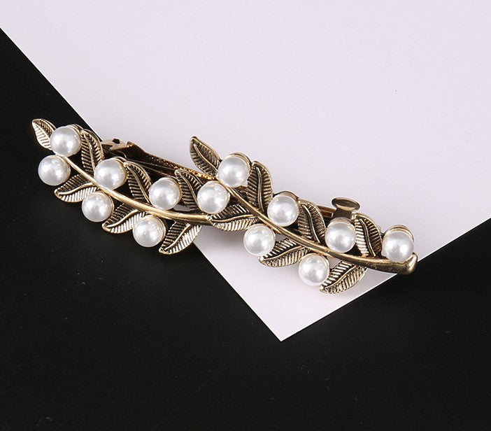 Black gold metallic leaves hair barrette with white pearls
