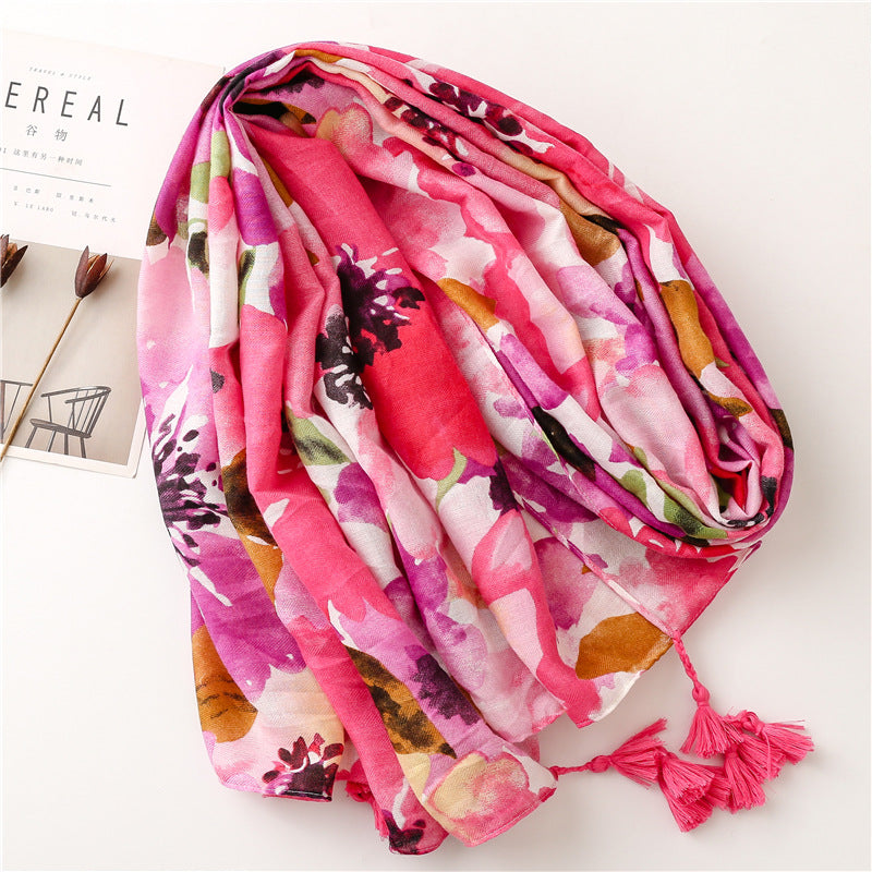 Wet paint large flowers printed scarf with tassels