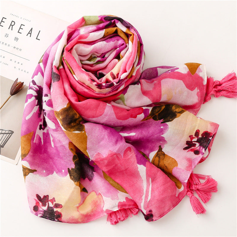 Wet paint large flowers printed scarf with tassels