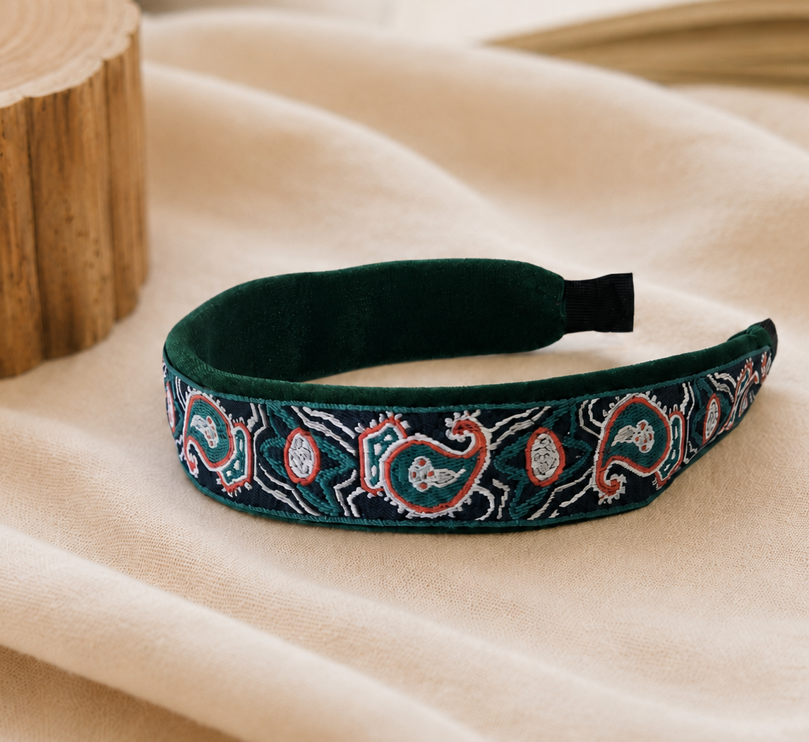 Embroidered paisley velvet headband