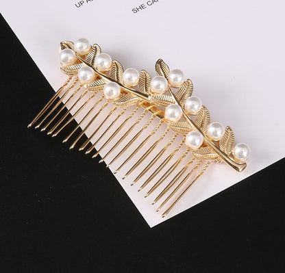 Metallic leaves hair comb with white pearls in gold