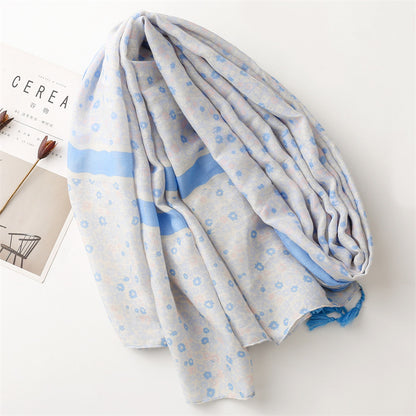 Sky blue small flowers print scarf with tassels