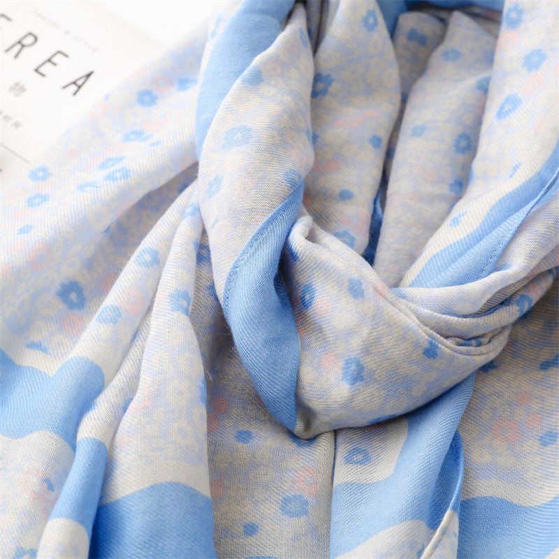 Sky blue small flowers print scarf with tassels