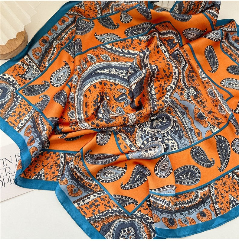 Orange blue paisley print square scarf