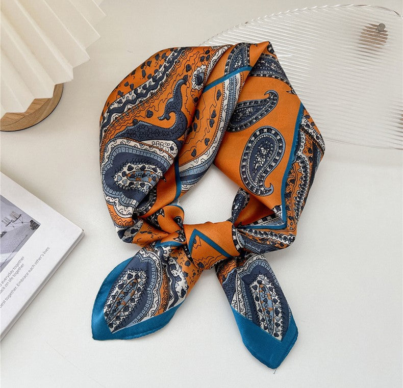 Orange blue paisley print square scarf