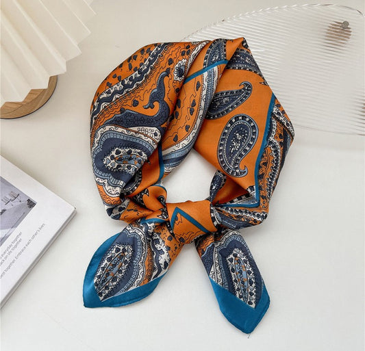 Orange blue paisley print square scarf