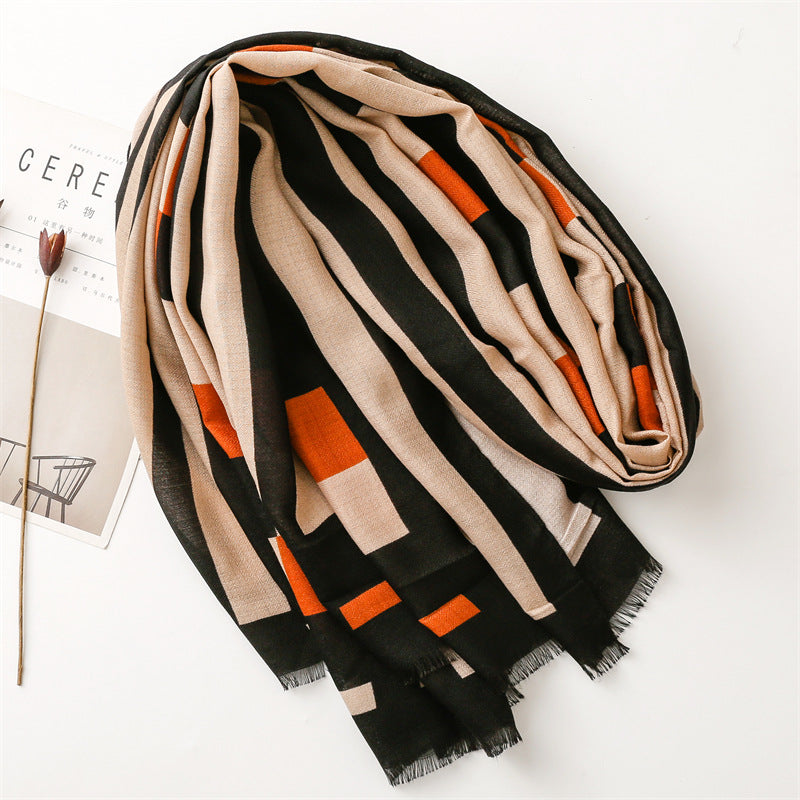 Black mocha geometry patterned fringed scarf