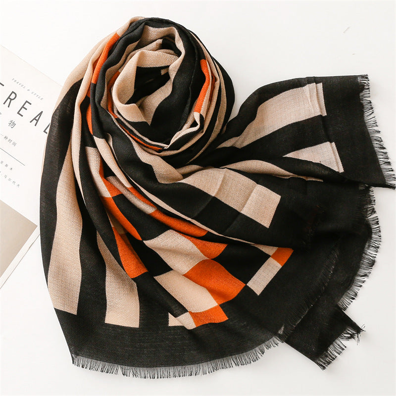 Black mocha geometry patterned fringed scarf
