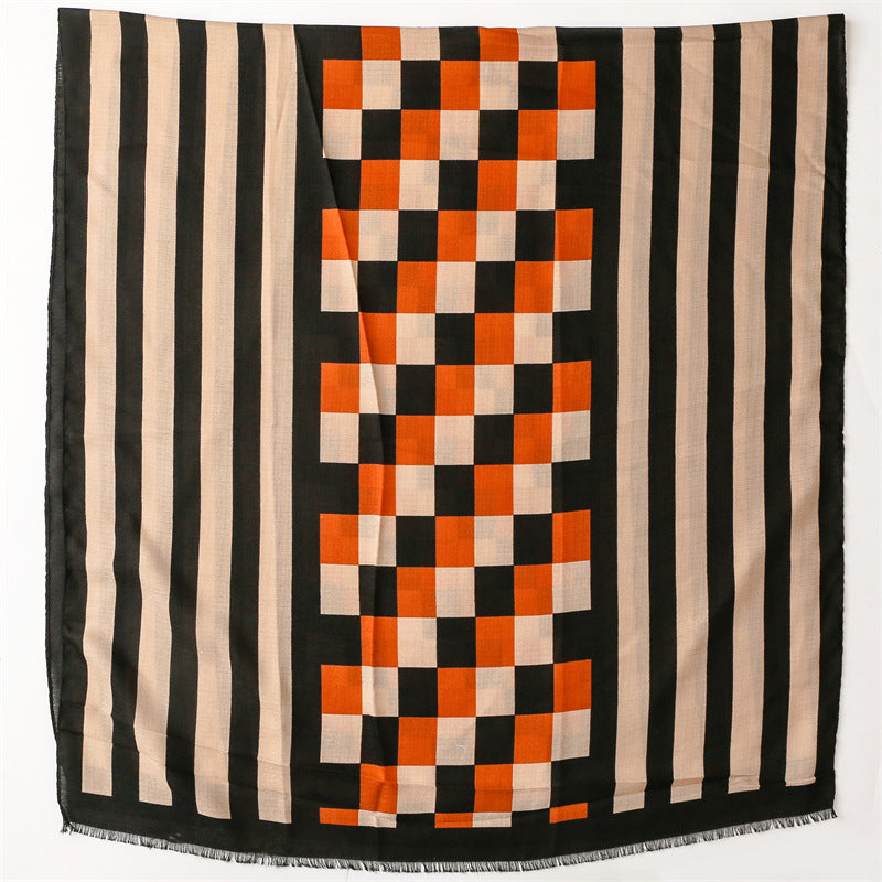 Black mocha geometry patterned fringed scarf