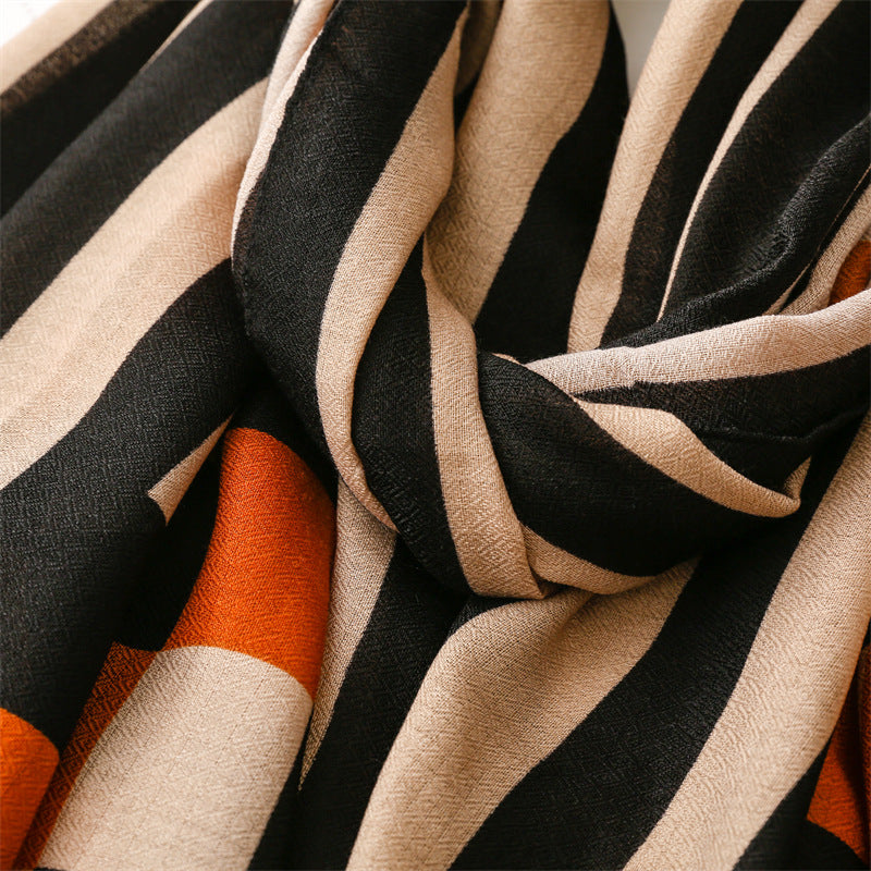 Black mocha geometry patterned fringed scarf
