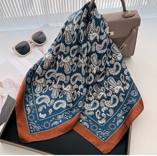 Coffee navy paisley square scarf