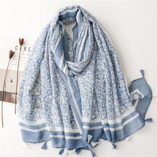 White small flowers print light blue scarf with tassels