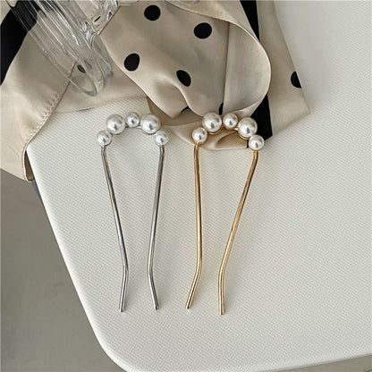 White pearl metal hair fork / French hair pin