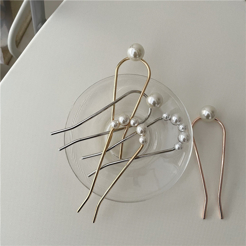 White pearl metal hair fork / French hair pin