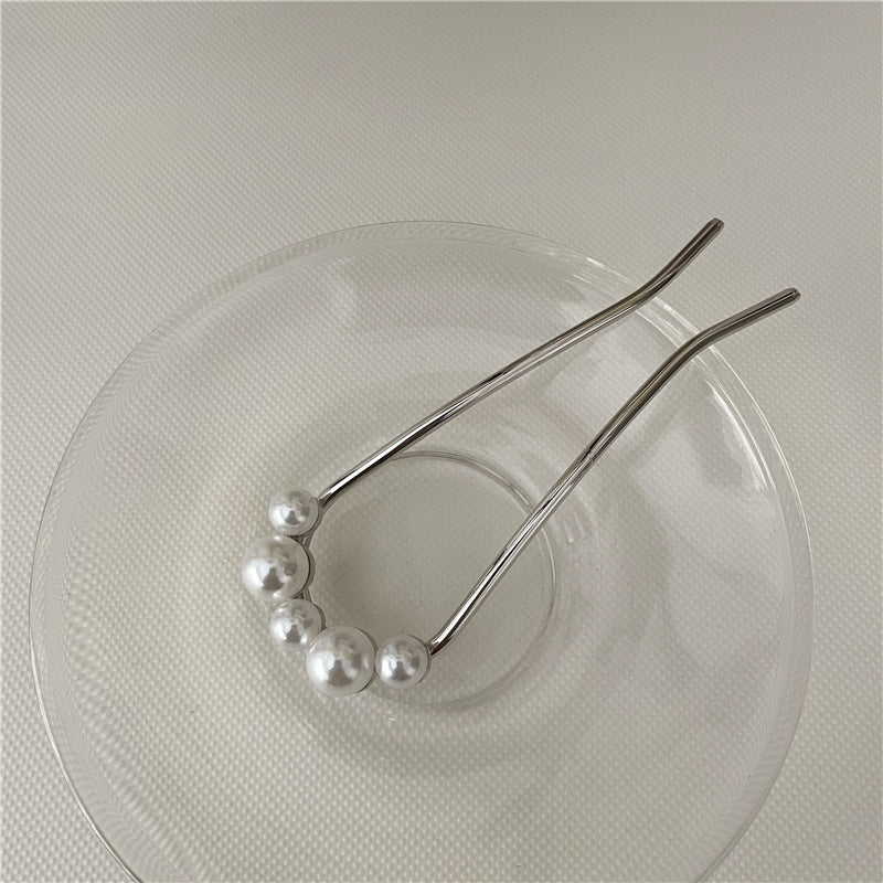 White pearl metal hair fork / French hair pin