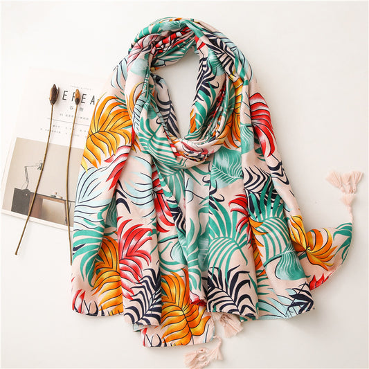 Multicoloured large tropical leaves printed scarf with tassels