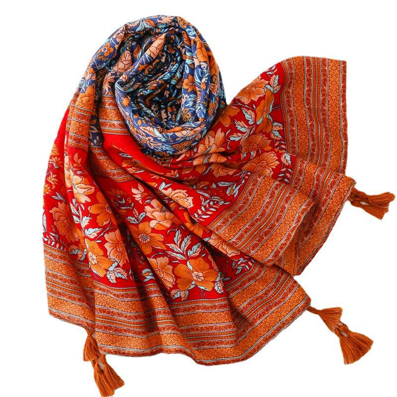 Multicoloured floral print scarf with tassels in burnt orange