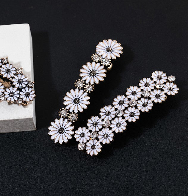 Rhinestones white daisy metal hair barrette