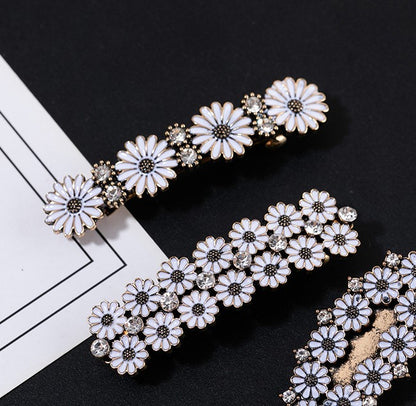 Rhinestones white daisy metal hair barrette