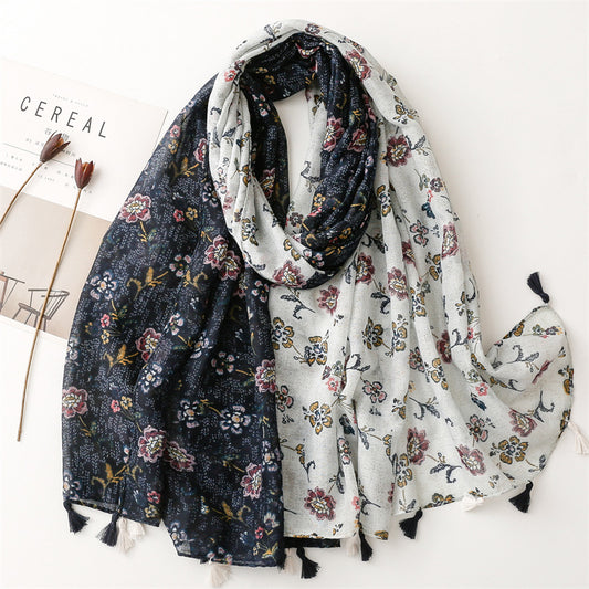 Black grey multicoloured flowers print scarf with tassels