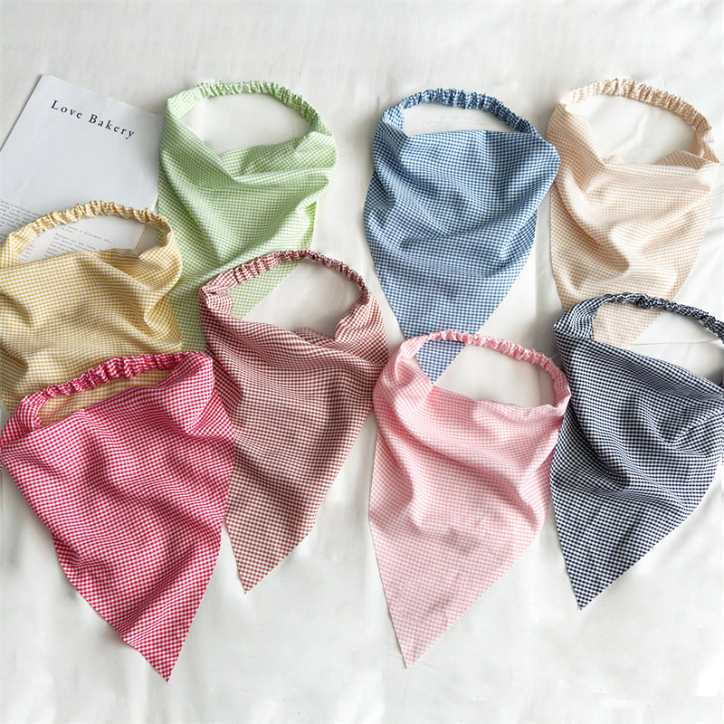 Gingham triangle elastic head scarf