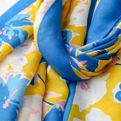 Large flowers print sky blue edged yellow scarf with tassels