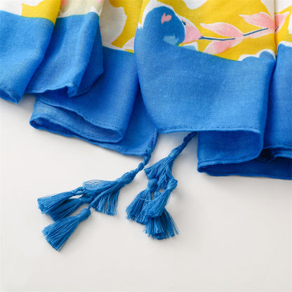 Large flowers print sky blue edged yellow scarf with tassels