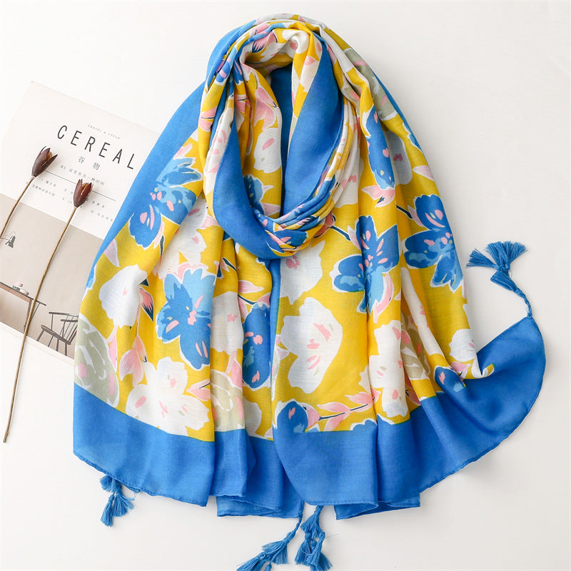 Large flowers print sky blue edged yellow scarf with tassels