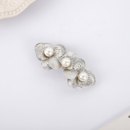 Large pearl triple flower hair barrette