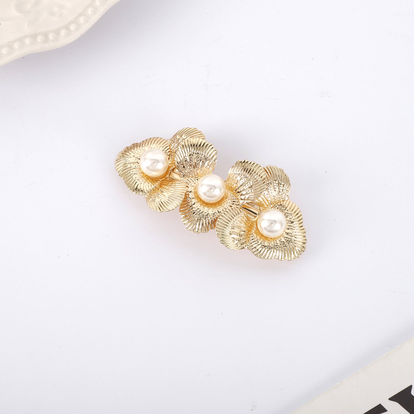 Large pearl triple flower hair barrette