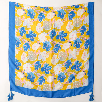 Large flowers print sky blue edged yellow scarf with tassels