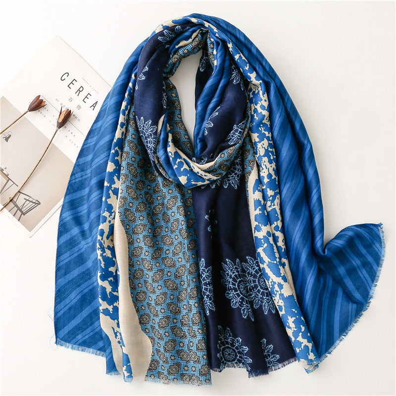 Multi-patterned long scarf with tassels in blue