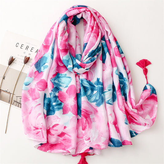 Wet paint large pink flowers print scarf with tassels