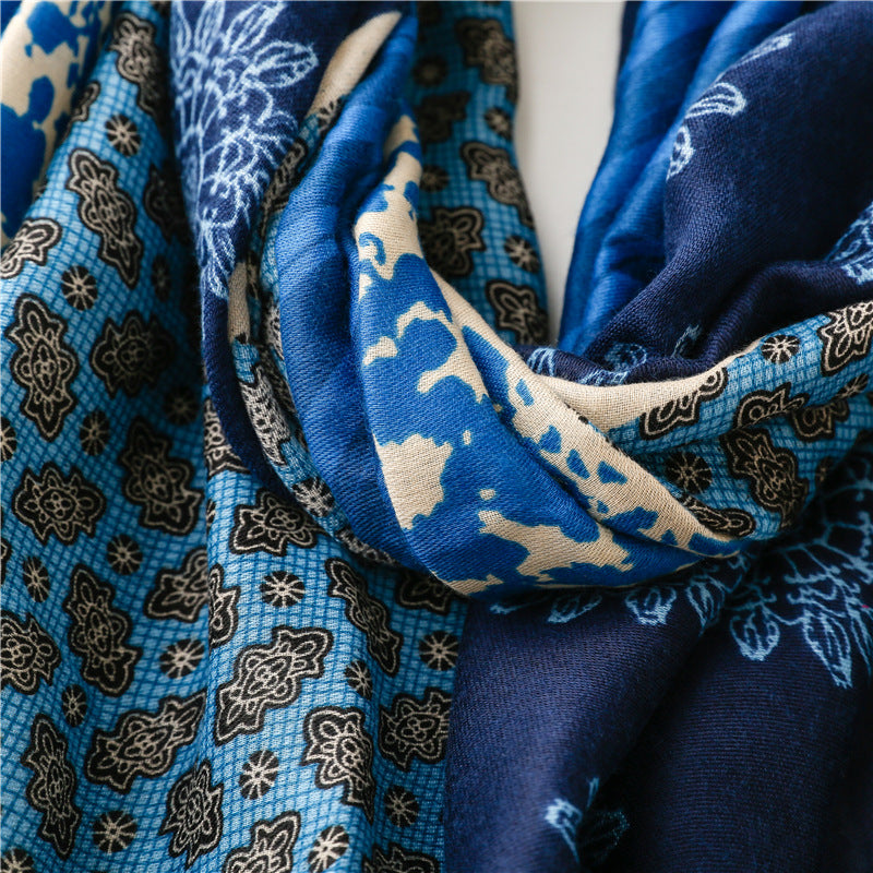 Multi-patterned long scarf with tassels in blue