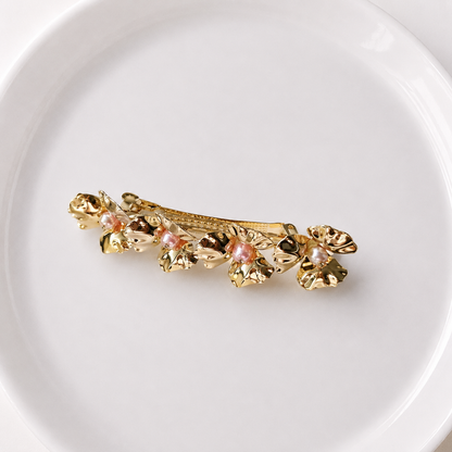 Pink pearl gold flowers hair barrette