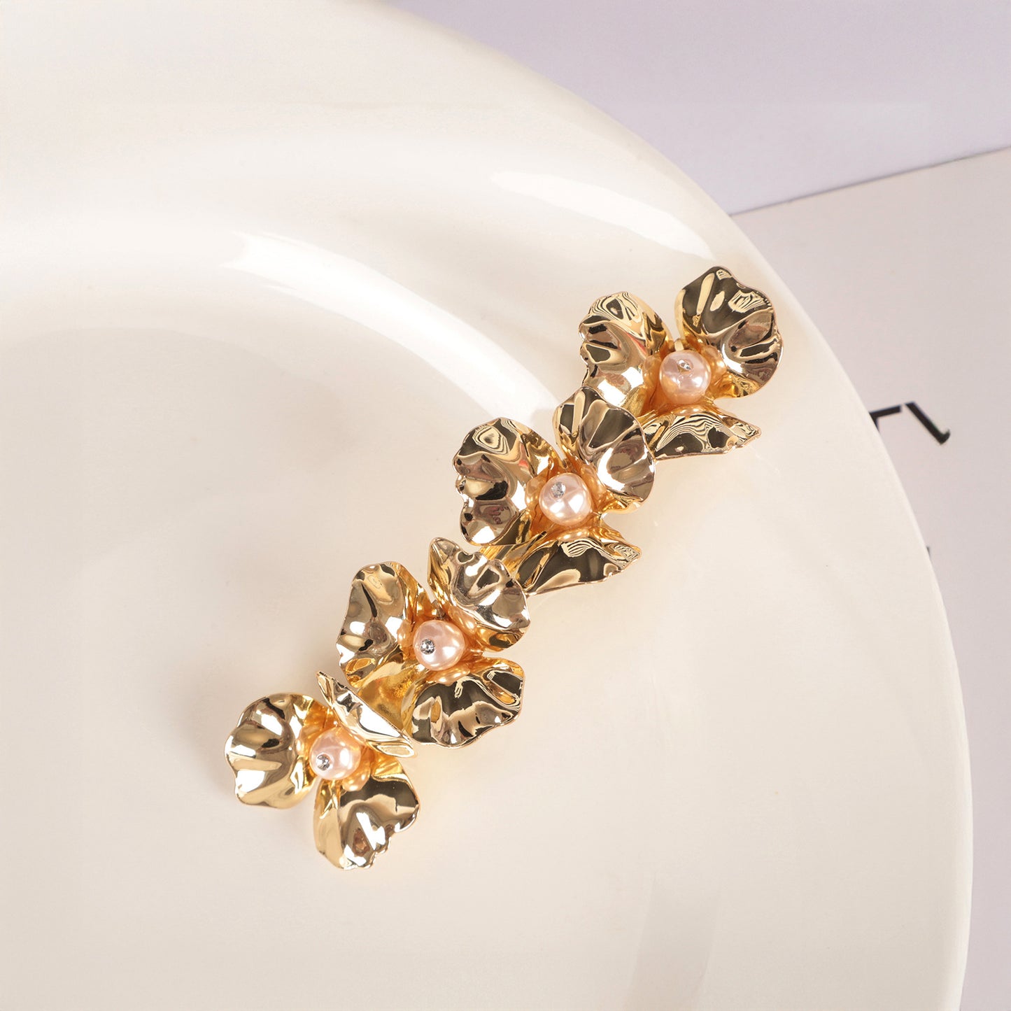 Pink pearl gold flowers hair barrette