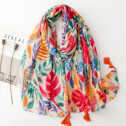 Multicoloured leaves with birds long scarf with tassels