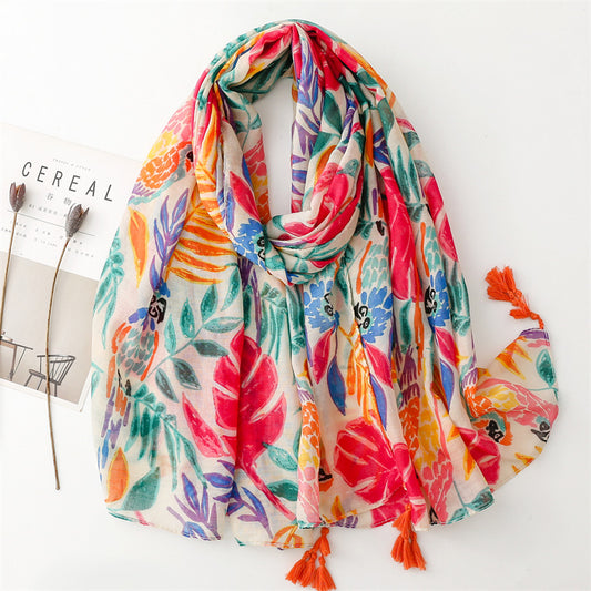 Multicoloured leaves with birds long scarf with tassels