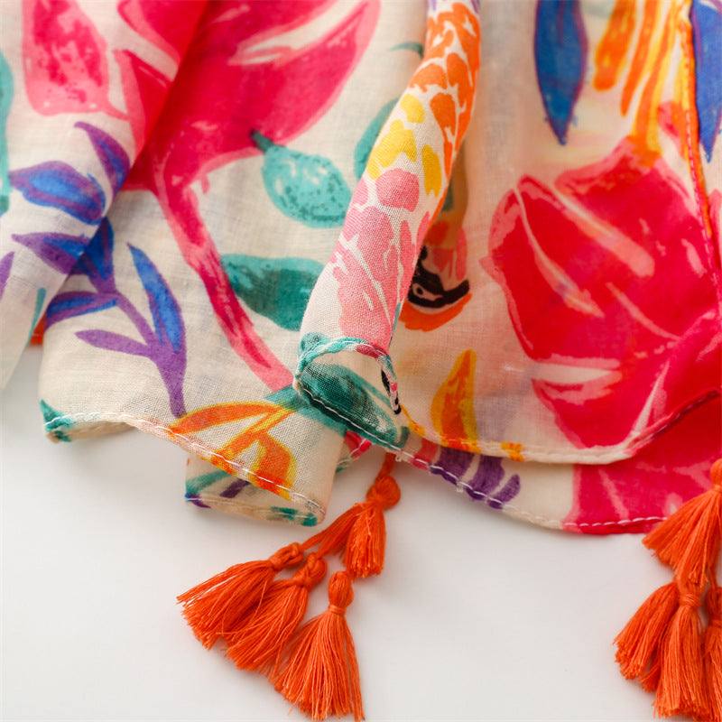 Multicoloured leaves with birds long scarf with tassels