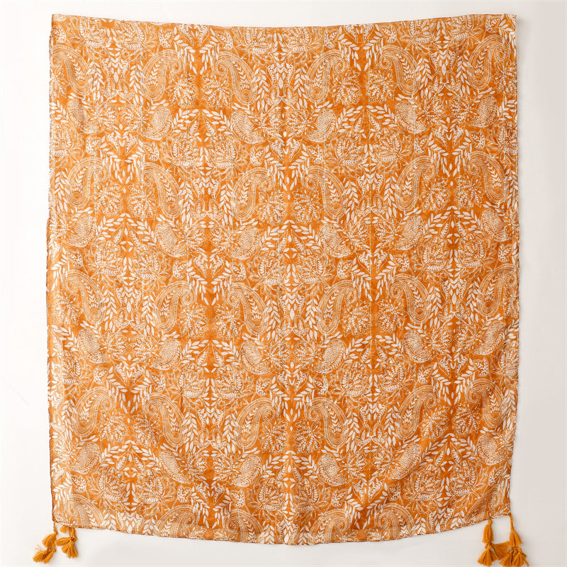 Paisley print silver sequins yellow gold scarf with tassels