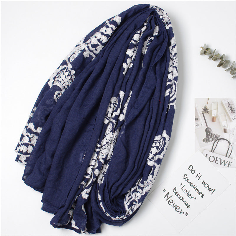 White lace stitched navy scarf