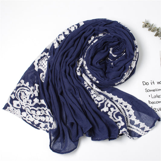 White lace stitched navy scarf