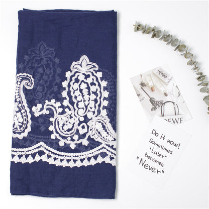 White lace stitched navy scarf