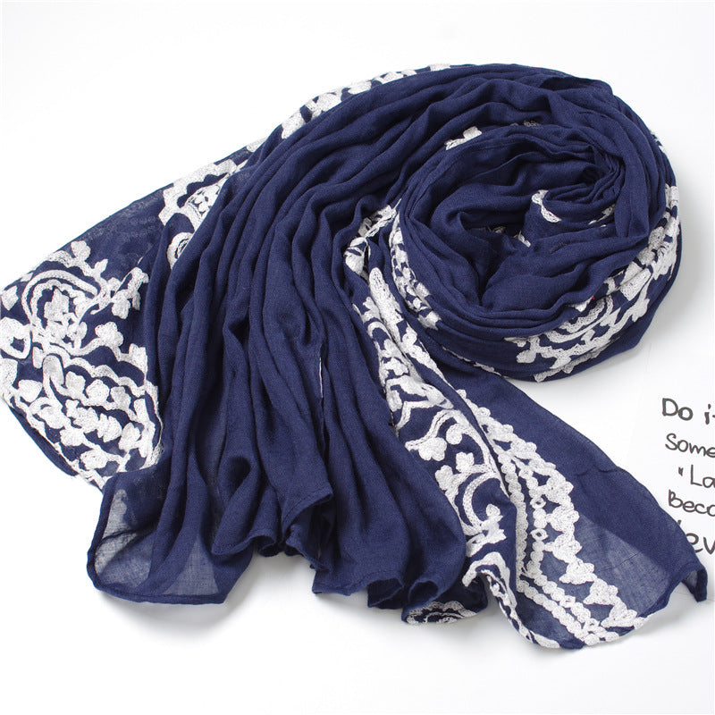 White lace stitched navy scarf