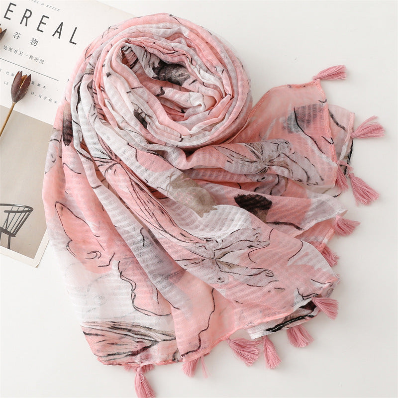 Pink butterflies print long scarf with tassels