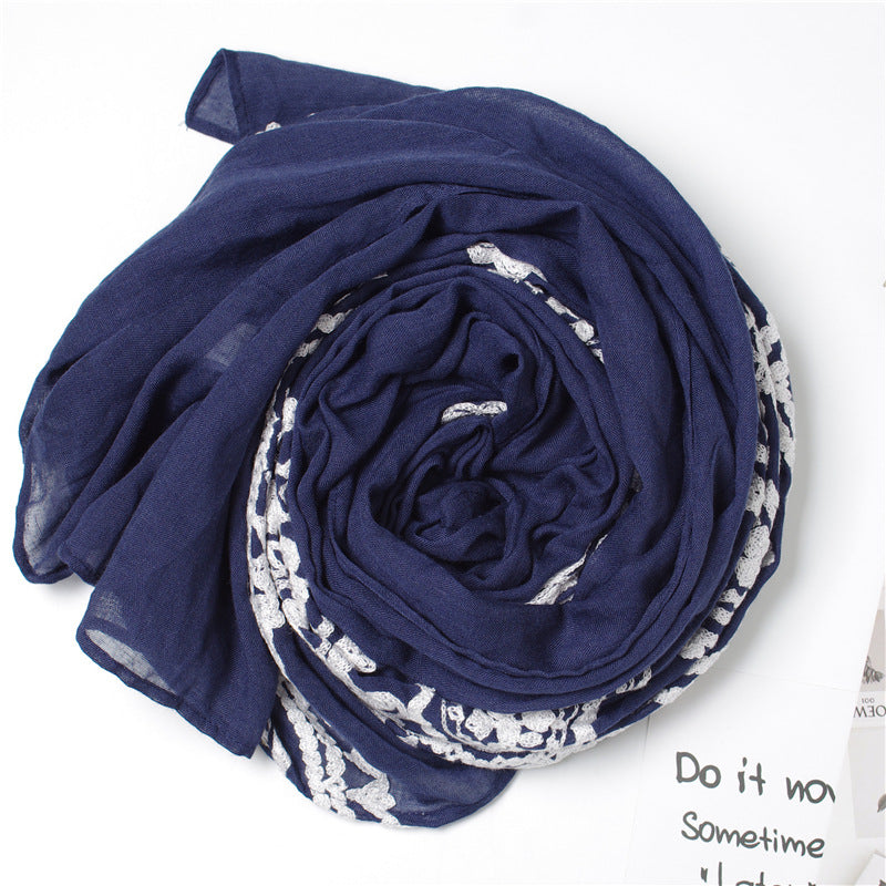 White lace stitched navy scarf