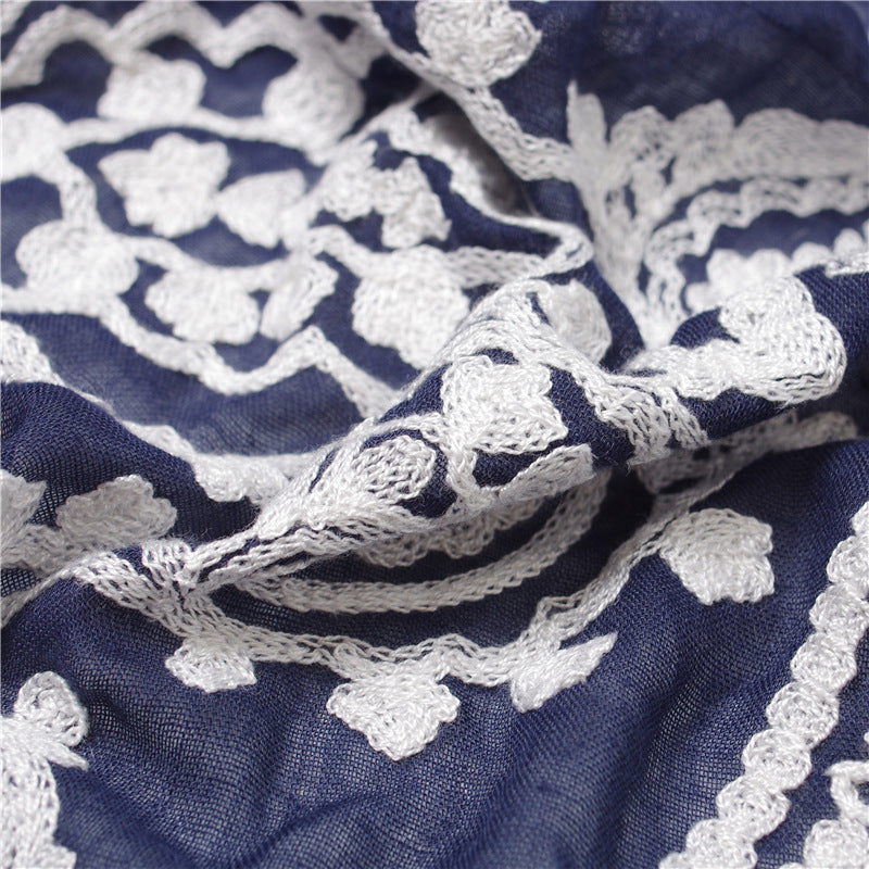 White lace stitched navy scarf